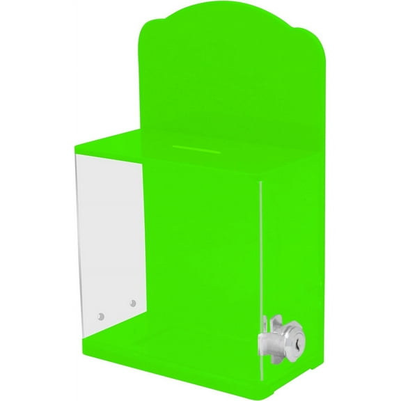 Acrylic Donation Suggestion collection Box For Fundraising Wall mounted Or Retail Countertop Tip Box with curved edges back wall display area 10 x 6 inches, Lock With set of keys Neon Green