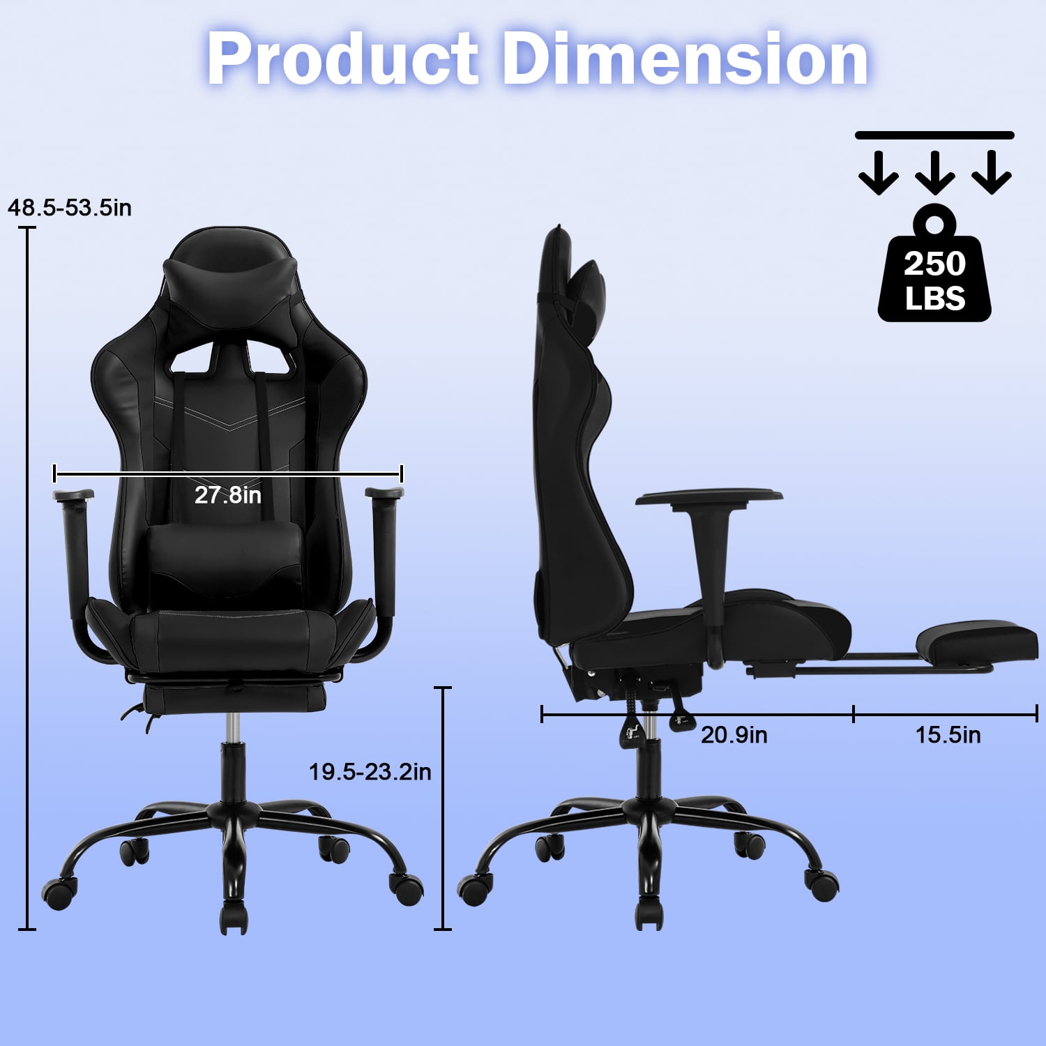 NiamVelo Gaming Chair with Footrest, Racing Style Gamer Chair for Adults&Teen, High Back Reclining Game Chair with Headrest and Lumbar Support, Computer Chair Desk Chair 250lb Capacity （Black）