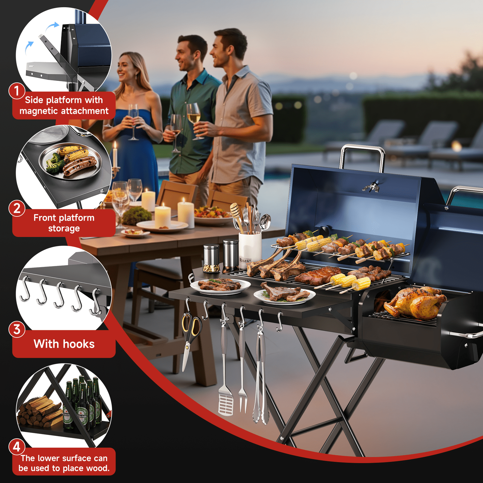 KScocina Barrel Charcoal Grill with Offset Smoker, 2-in-1 Foldable Suitcase BBQ Combo, 600 sq. in. with Waterproof Cover, for Outdoor Grilling and Backyard Cooking,Blue