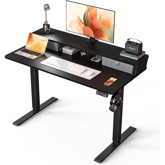 35 x 20 Inch Small Electric Standing Desk with Dual Drawers, Height Adjustable Sit to Stand Computer Desk with Storage Shelf and C-Clamp Mount Compatibility for Home Office