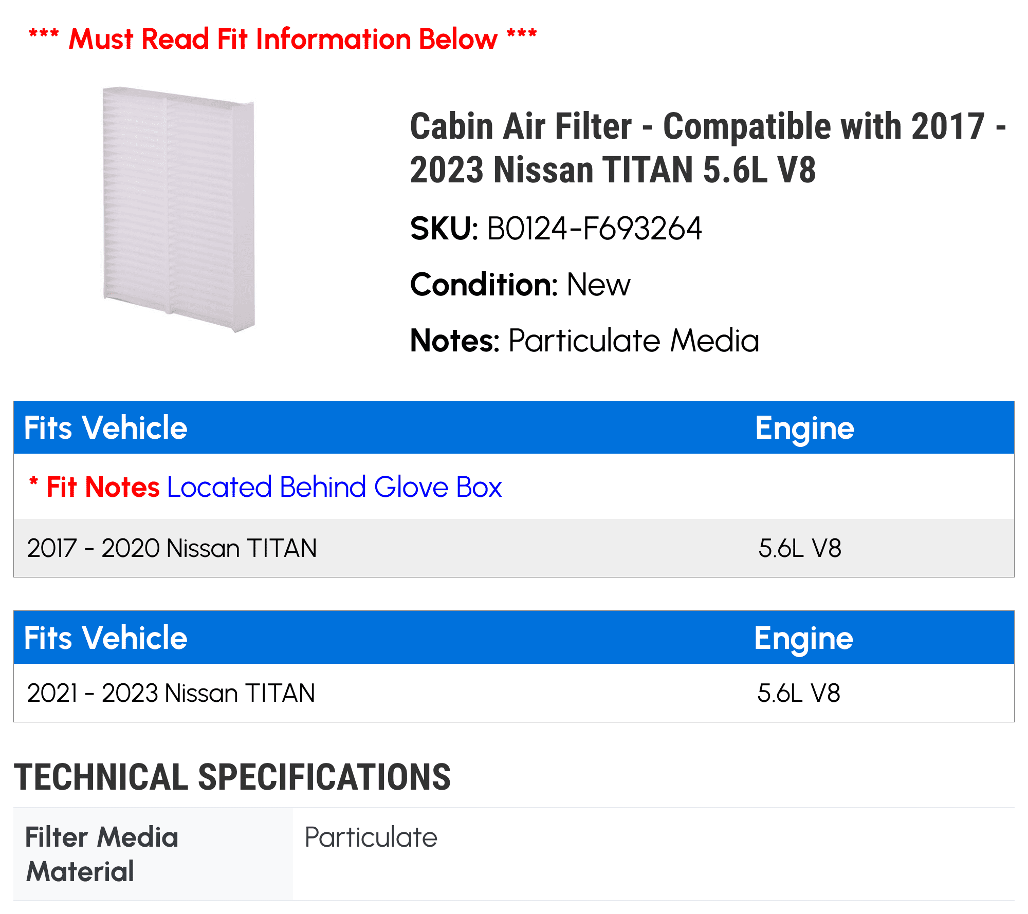 Cabin Air Filter - Compatible with 2017 - 2023 Nissan TITAN 5.6L V8 2018 2019 2020 2021 2022