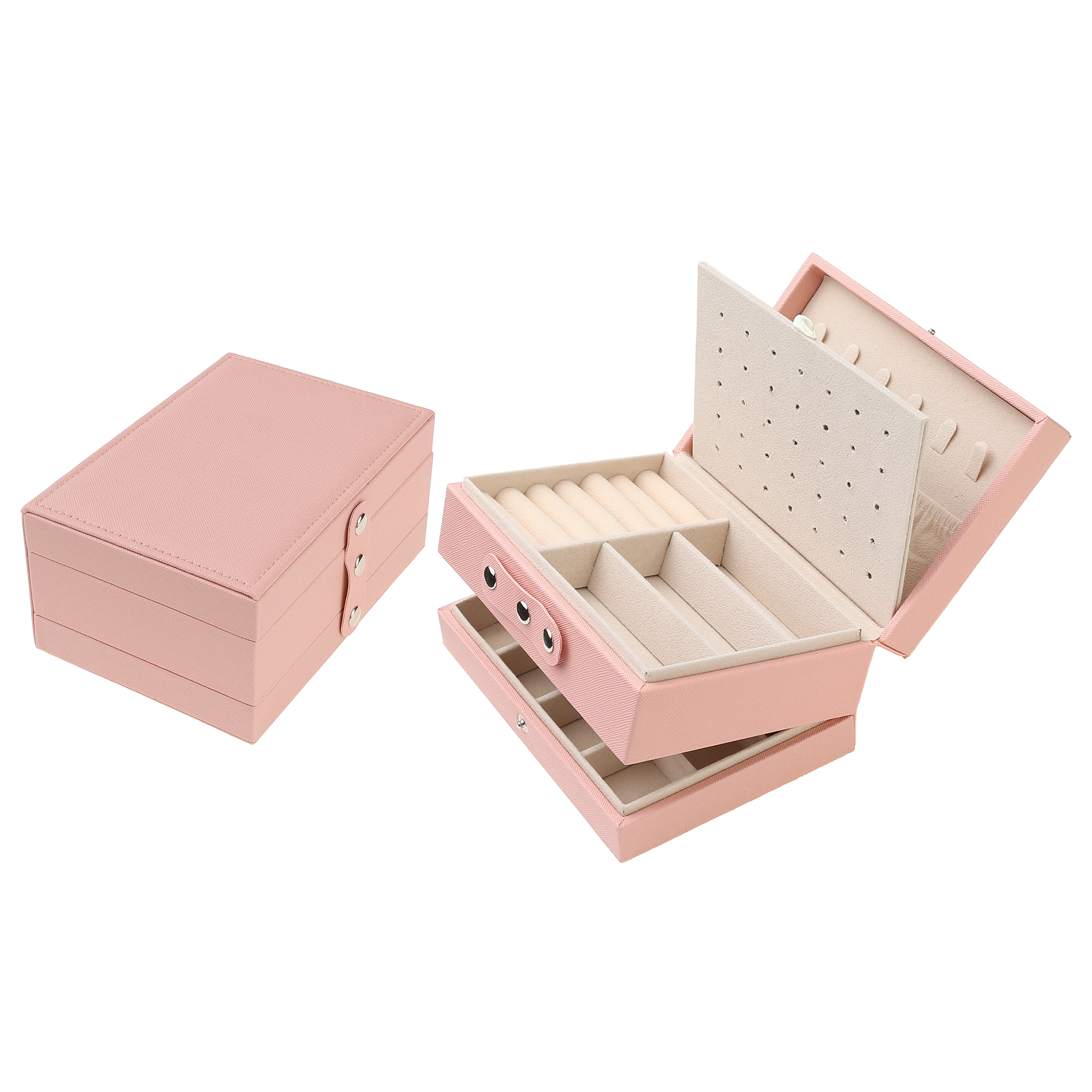 Unique Bargains 2 Layer Jewelry Box PU Leather Jewelry Case for Earring Necklace Ring Pink