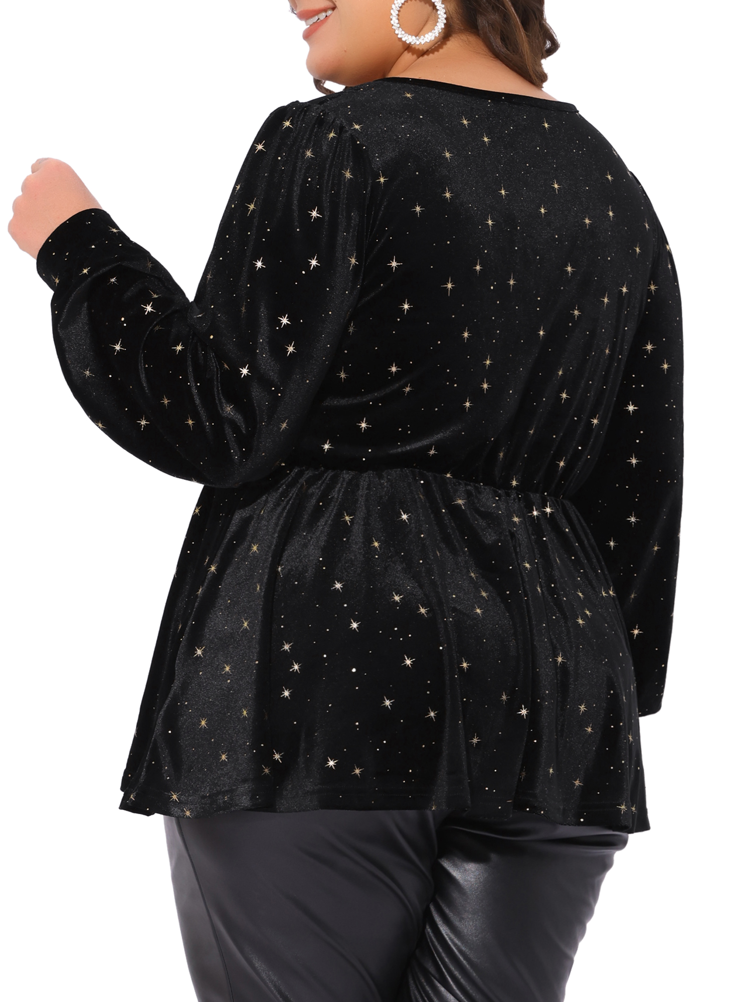 DARING DIVA Women's Plus V Neck Long Sleeve Gilding Metallic Stars Blouse 2X Black