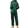 thumbnail image 3 of INSPIRE CHIC Women's Satin Lounge Set Long Sleeve Button Down Shirts with Pants Silky Pajamas S Dark Green, 3 of 6