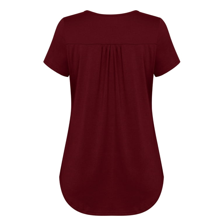 Chama V Neck Henley Shirts for Women Short Sleeve Pleated Tunic