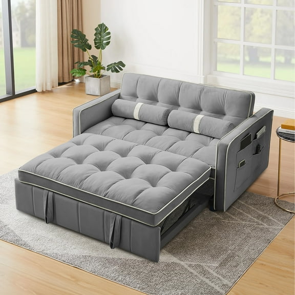 Dinosisco Small Place Pull Out Folding Loveseat Sleeper Couch, 2 Seater Convertible Futon Sofa Bed, Adjustable Backrest, Velvet Couch, Gray