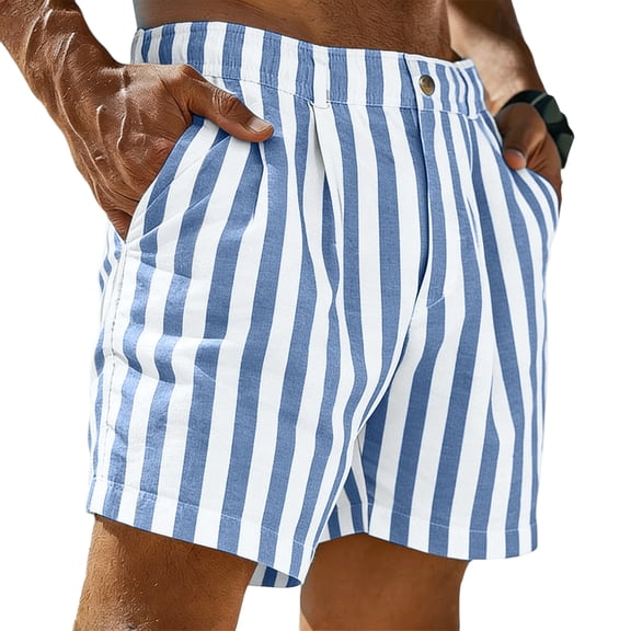 Garbnen Striped Linen Mens Shorts Button Bermuda Shorts Men Color Block Lightweight Travel Vacation Beach Men Summer Short with Pockets Blue L