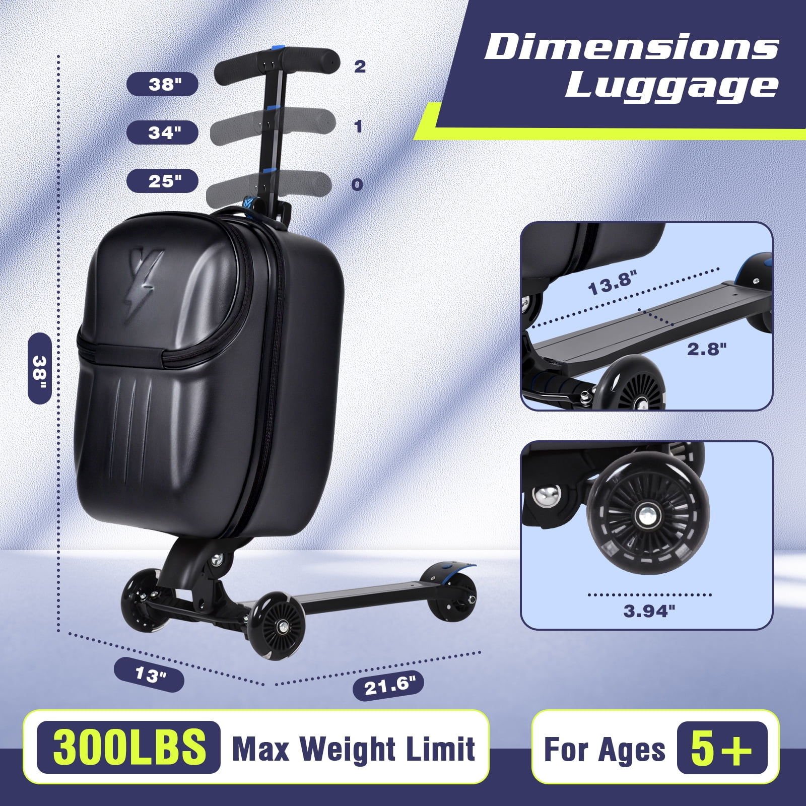 Advwin Scooter Suitcase with Top Opening & LED Light-up Wheel, Lightweight Hardshell Foldable Ride-On Luggage with Adjustable Handle for Travel, Black
