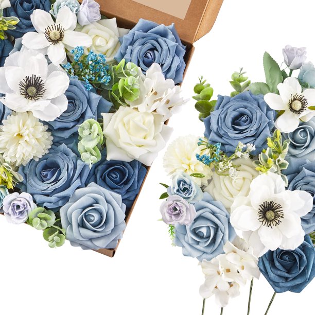 Flores artificiales de color azul serwalín y blanco para decoración de bodas