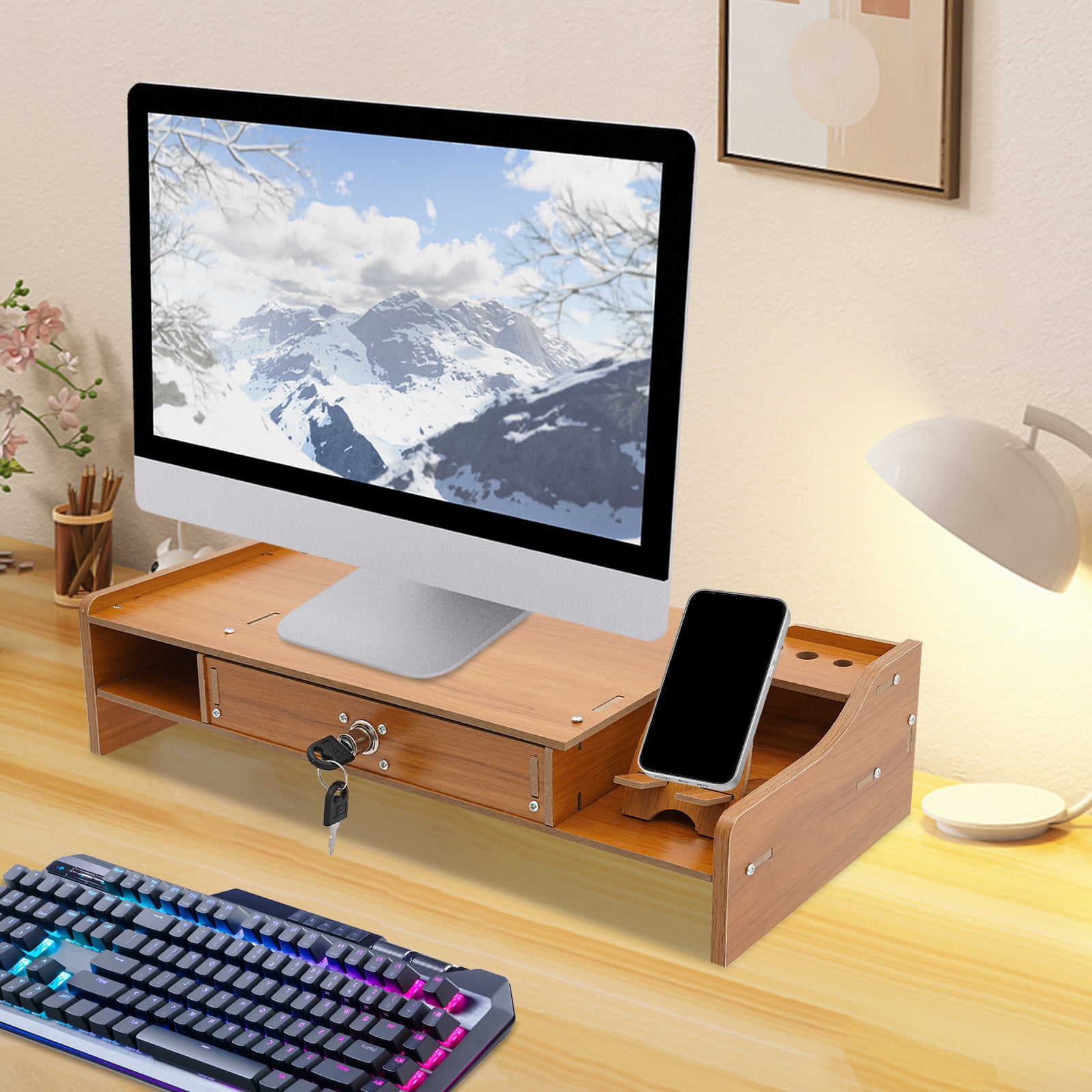 Dwellnix Wooden Monitor Riser Rack w Drawer Computer Laptop PC Stand Desk Organizer