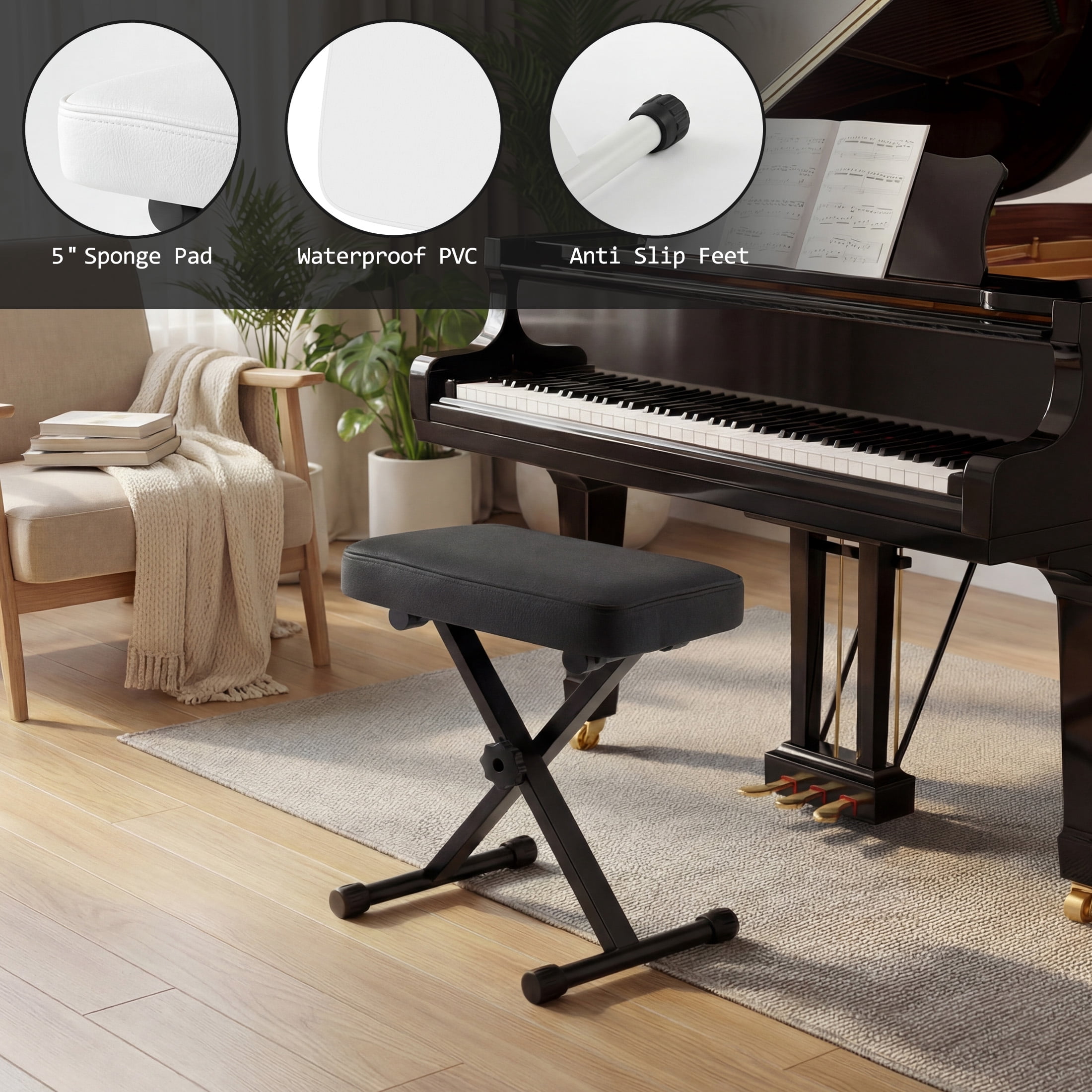 CONCETTA Portable Piano Bench Stool, Height Adjustable Keyboard Bench, Modern Bench for Living Room, Bedroom, Hallway, Black
