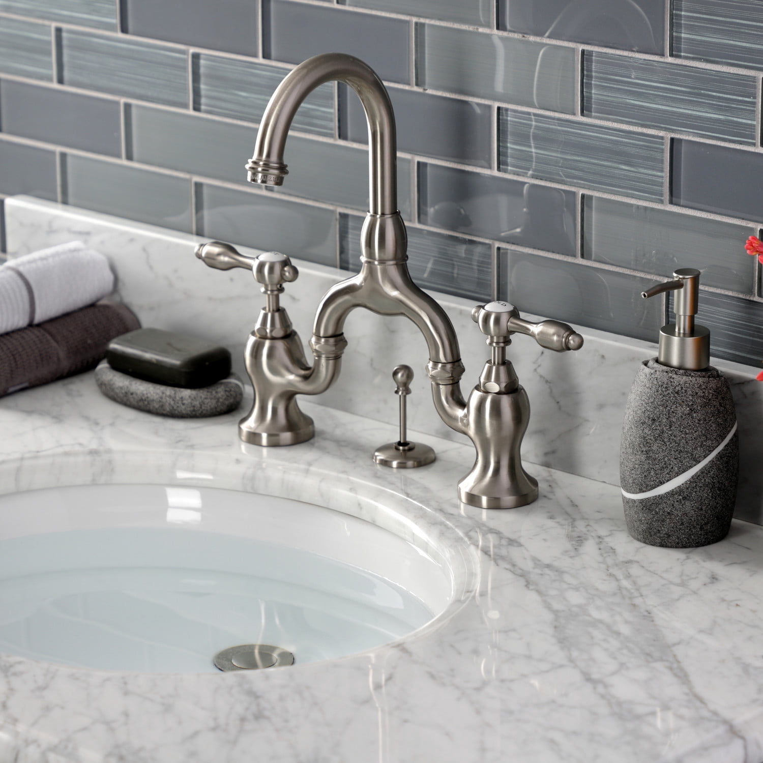 Kingston Brass KS7998TAL Standard Mount Bridge Bathroom Faucet, Brushed Nickel