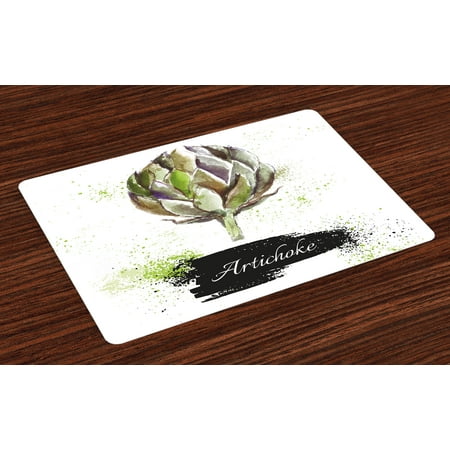 Artichoke Placemats Set of 4 Hand Drawn Delicious Fresh Vegetable Healthy Menu Good Eats Super Food, Washable Fabric Place Mats for Dining Room Kitchen Table Decor,Fern Green and Black, by