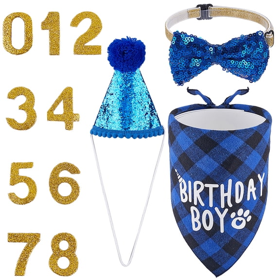 Dog Birthday Party Supplies Dog Birthday Party Bandana Set with Dog Tie Hat Numbers Blue Dog Birthday Outfit Small Medium Large X-Large