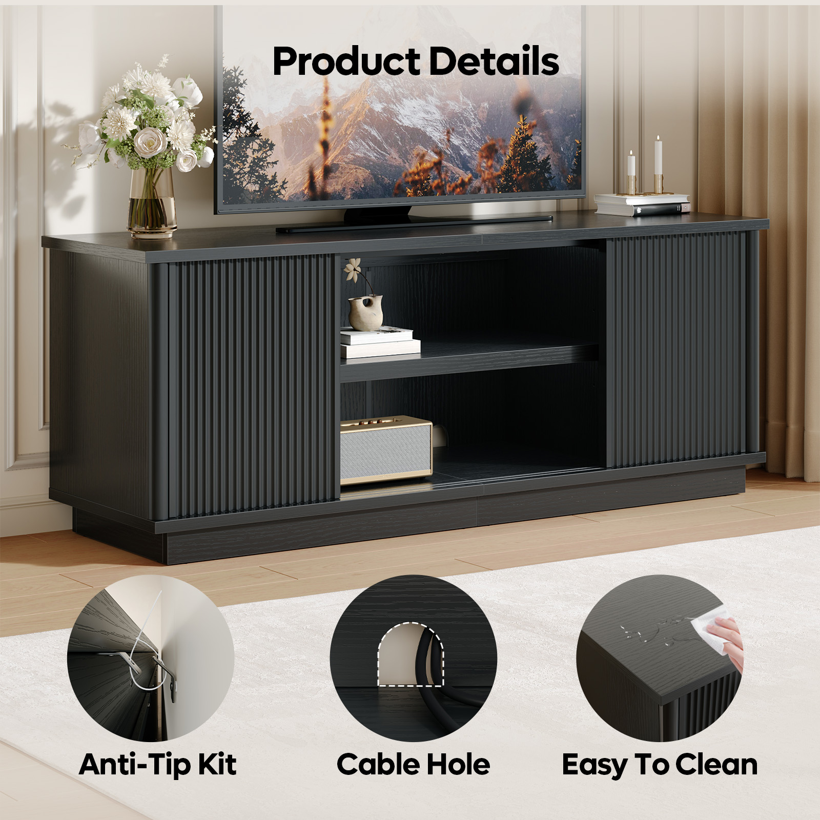 Bestier 70" TV Stand with Sliding Door, Black photo 5