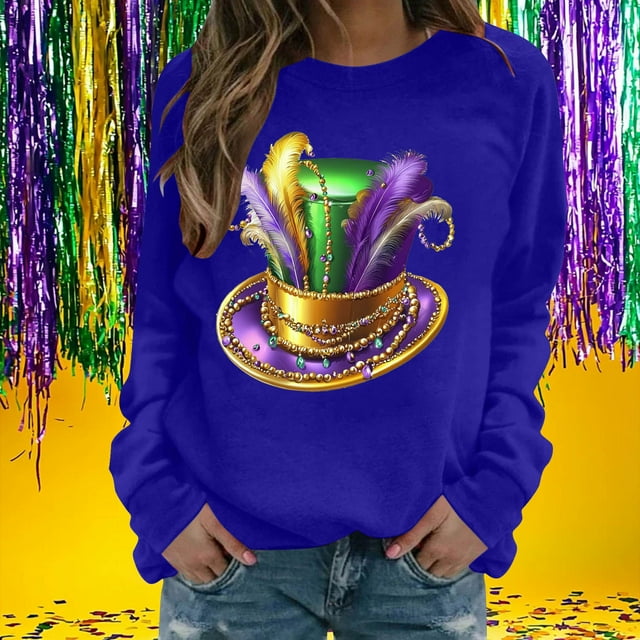 Xuyuer Women's Carnival Printed Long Sleeved Round Neck Mardi Gras Sweatshirt Carnival Outfits Women Carnival Sweatshirts Fat Tuesday Fashionable Pullover Tops