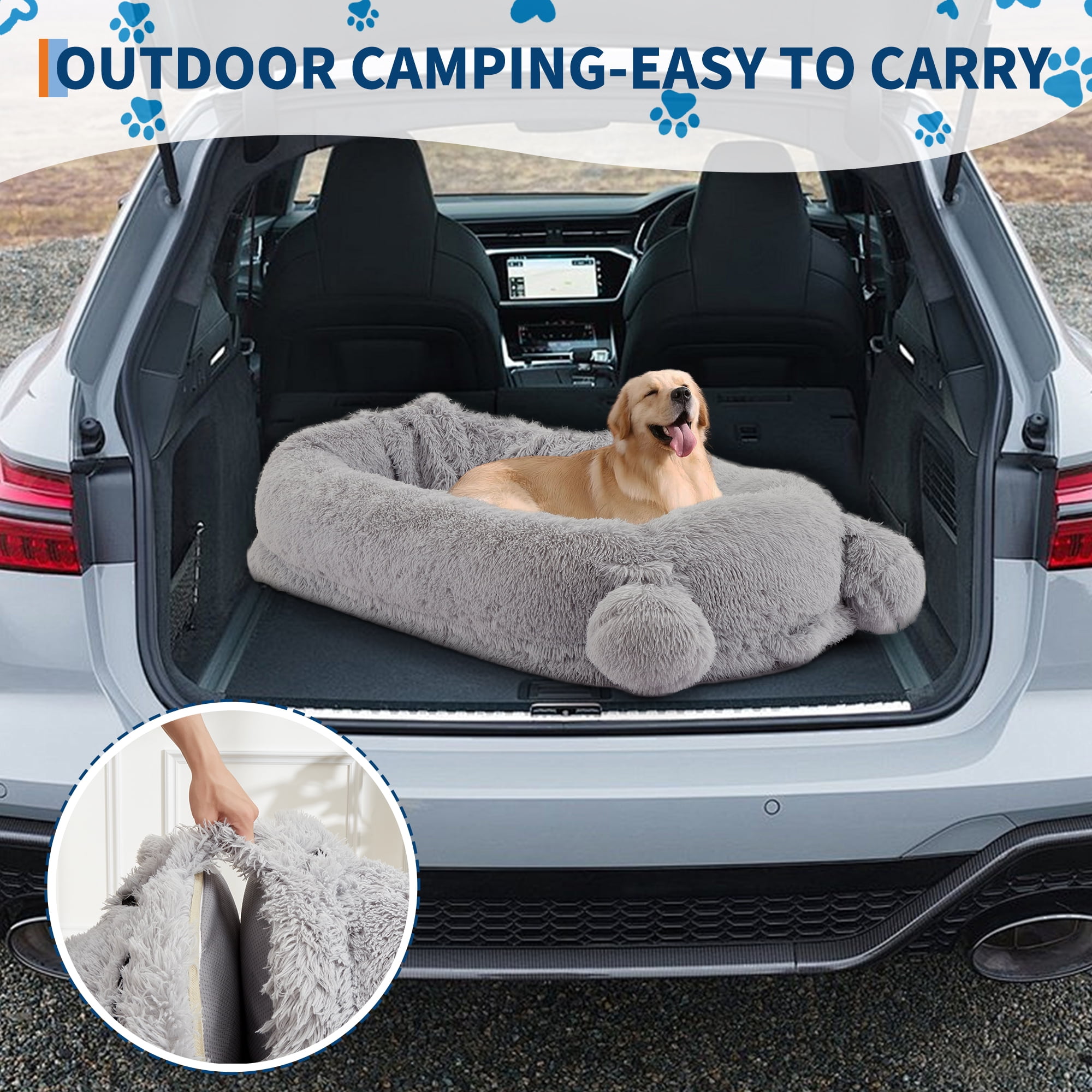 Human Dog Bed for Adults, Human Size Dog Bed Fits You and Pets, Washable Faux Fur Napping Orthopedic Dog Bed with Blanket & 2 Side Pockets, Grey