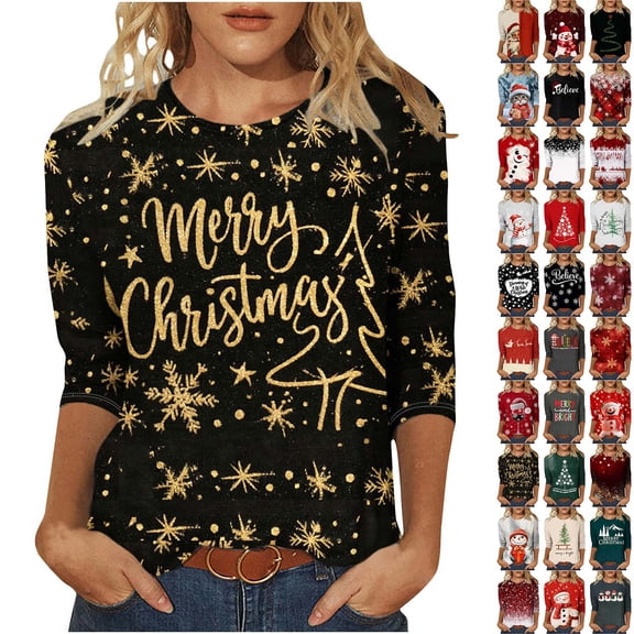 Horkkom Christmas T Shirt 3/4 Length Sleeve Loose Crew Neck Blouses for Women Cute Graphic Xmas Tops L, Gifts for Women