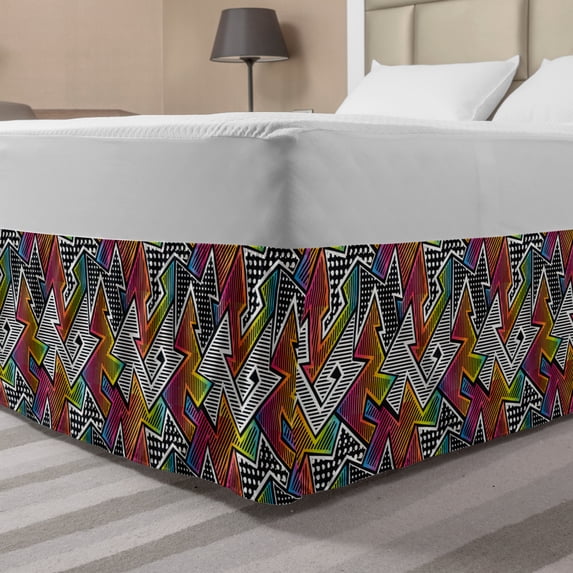 Retro Bed Skirt, Colorful Pop Art Inspired Illustration of Whimsical Striped and Polka Dotted Shapes, Elastic Bedskirt Dust Ruffle Wrap Around for Bedding Decor, 4 Sizes, Multicolor, by Ambesonne