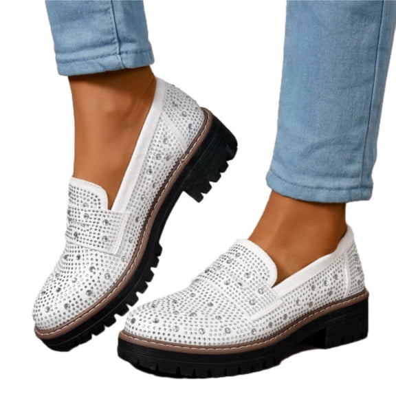 SACFOF Women's Chunky Platform Loafers Round Toe Rhinestone Casual Business Work Shoes Comfort Slip-on Casual Shoes