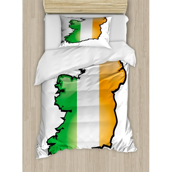 Ireland Map Duvet Cover Set, Cartoon Style Art of Mapping on a Plain Background Irish Colors, Decorative 2 Piece Bedding Set with 1 Pillow Shams, Twin Size, Orange Green and White, by Ambesonne