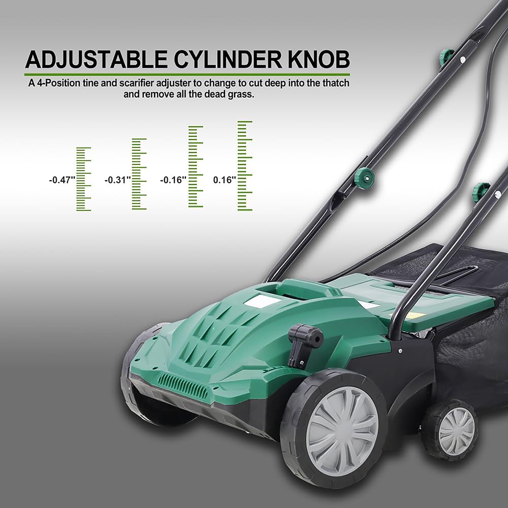 12 Amp 2-in-1 Electric Lawn Dethatcher and Scarifier with Collection Bag & 4-Position Height Adjustment,13-Inch Path, 31.7QT Removable Bag.