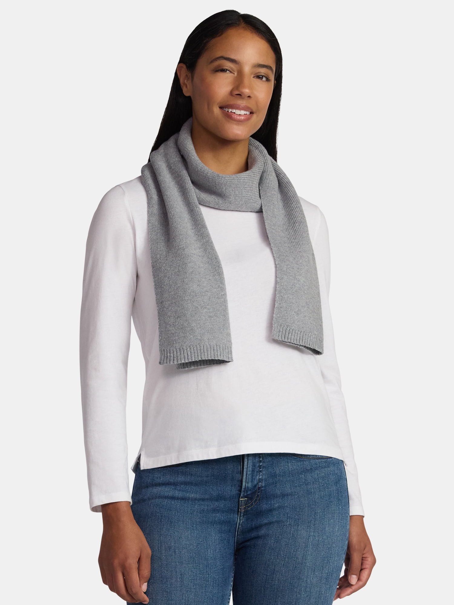 Time and Tru Women's Knit Scarf with Ribbed Trim, Medium Grey Heather