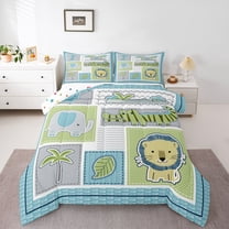 Homewish Hawaii Coconut Tree Safari Crocodile Lion Green Gray Patchwork Plaid Full Comforter Set, Reversible Ultra Soft Kids Bedding, 3pcs