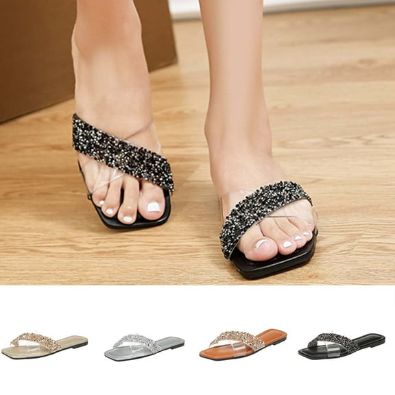 Sandals for Women 2025, Xunlbb Women's Summer New Large Size Clear Rhinestones Line To Wear Beach Slippers And Light Sandals(Black,Size:36)