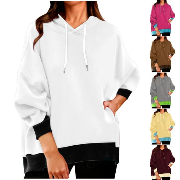 ATOYSOY Women's Crew Neck Sweatshirts Loose Hoodie Tops Pockets Long Sleeve Tees Fall Winter Fashion Color Block Pullover Outwear Casual Shirts Brown L
