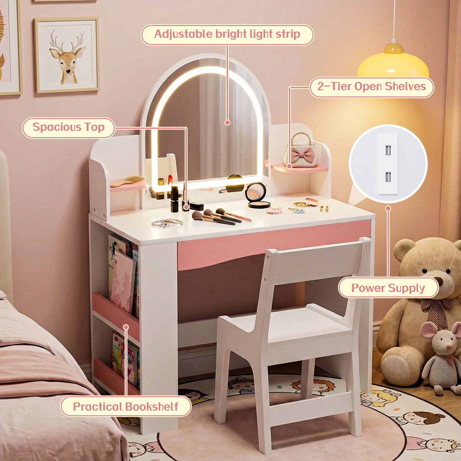 Haewon 27.5" Kids White Vanity with Lighted Mirror & Charging Station, Kids Vanity Table and Chair Set with Storage Cabinet & Drawers, Vanity for Kids, White