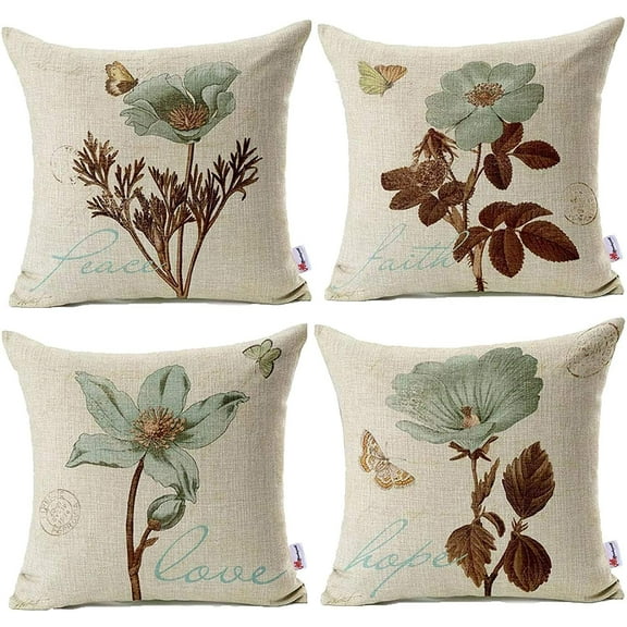 Yirtree Pack of 4 Throw Pillow Covers 18 x 18, Decorative Floral Linen Pillow Cover for Living Room Bedroom, Couch Sofa Chair Bed Pillow Covers Home Outdoor