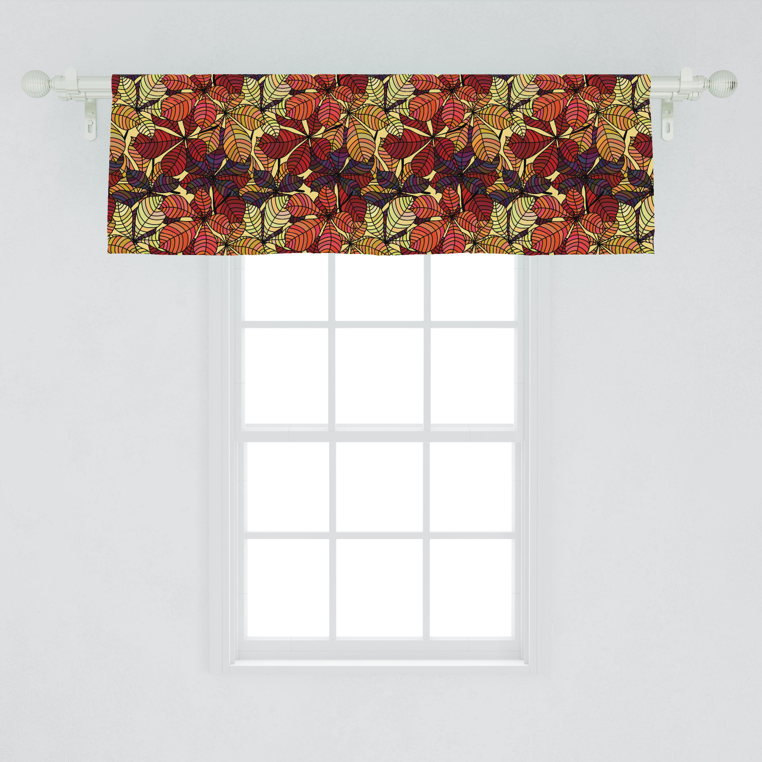 Fall Leaves Window Valance, Leafy Floral Illustrations Stripes Repeatedly Floral Art on a Yellow