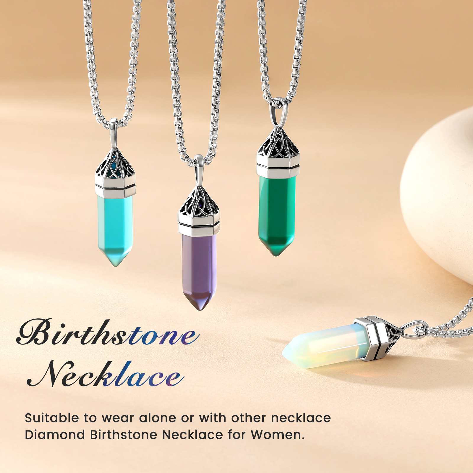 Bestyle Synthetic Moonstone Hexagonal Birthstone Necklace photo 6