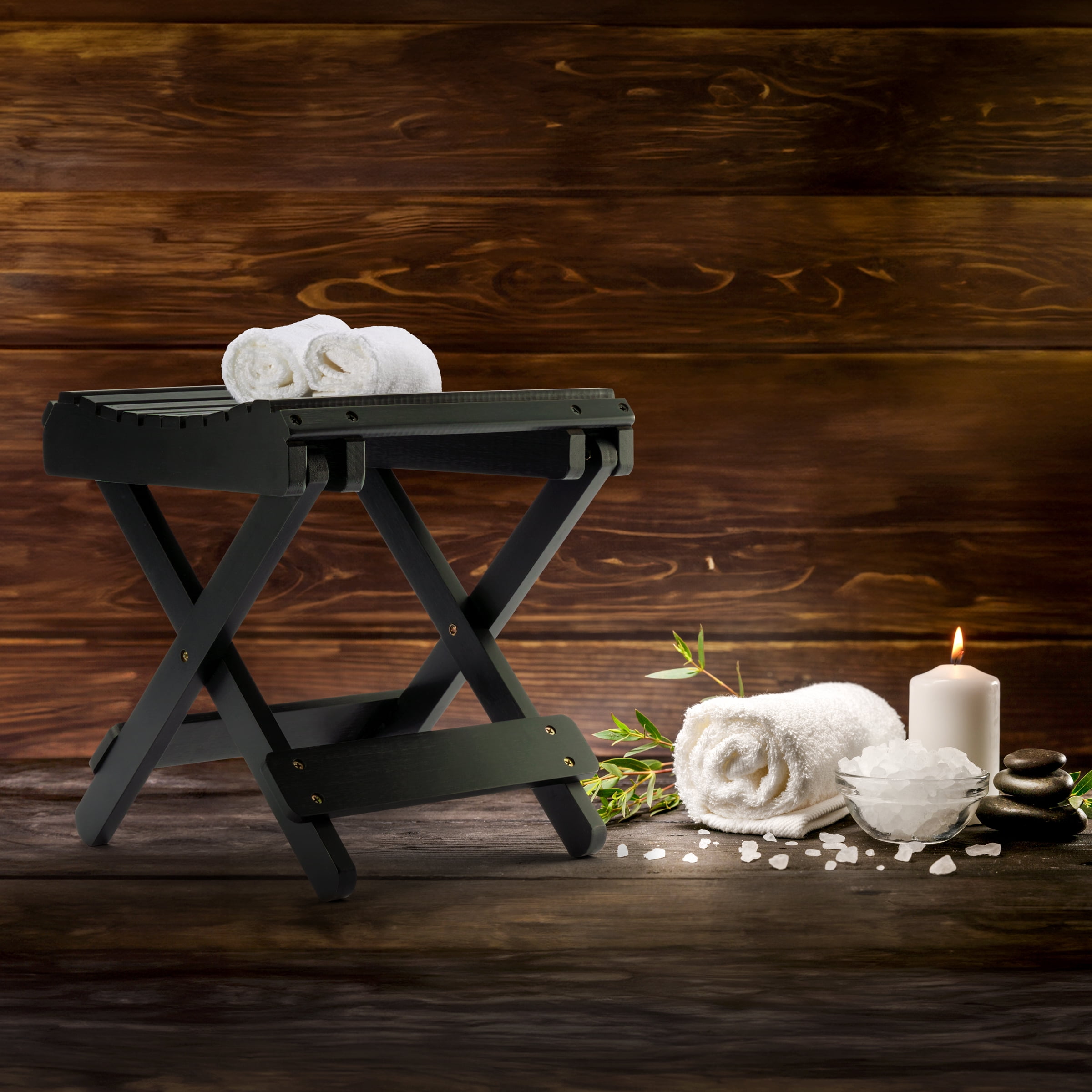 Sorbus Bamboo Folding Step Stool Bench, Portable Collapsible Wooden Seat, Black