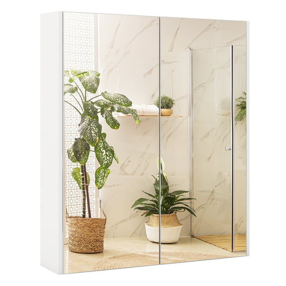 Giantex Bathroom Mirror Cabinet, 2-Tier Wall Mounted Medicine Cabinet w/ Double Mirrored Doors, Ideal for Living Room, Cloakroom (White)