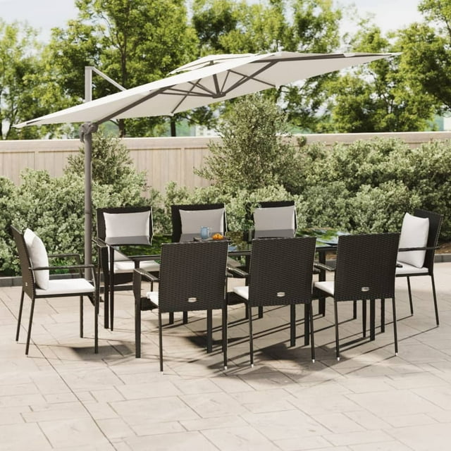 vidaXL 7 Piece Garden Dining Set with Cushions Black Poly Rattan