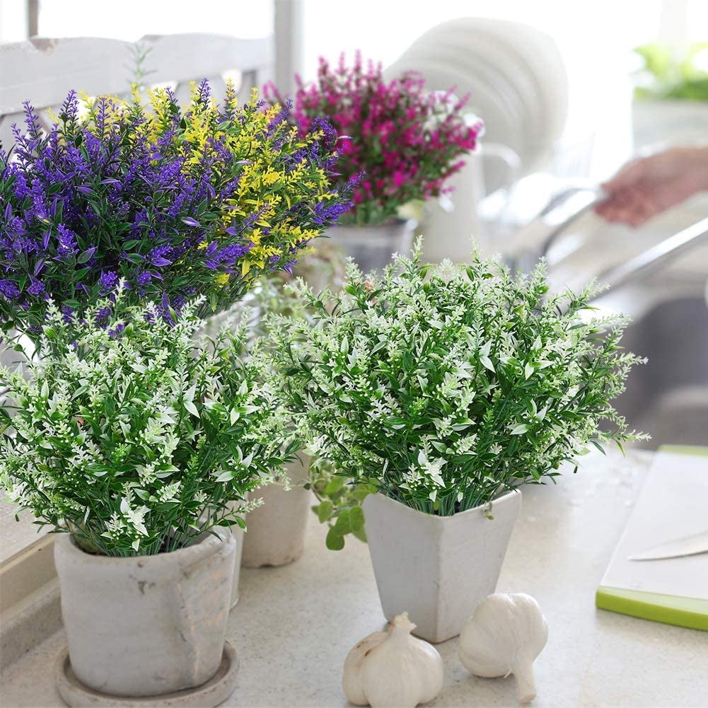 Baumaty 8 Bundles Outdoor Artificial Lavender Fake Flowers UV Resistant Shrubs, Faux Plastic Greenery for Indoor Outside Hanging Plants Garden Porch Window Box Home Wedding Farmhouse Decor (White)