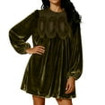 thumbnail image 5 of Women's Velvet Dress Long Sleeve Round Neck Solid Color Gold Velvet Slim Fit Midi Dress for Spring Fall Casual Office Wear,Army Green,L, 5 of 6