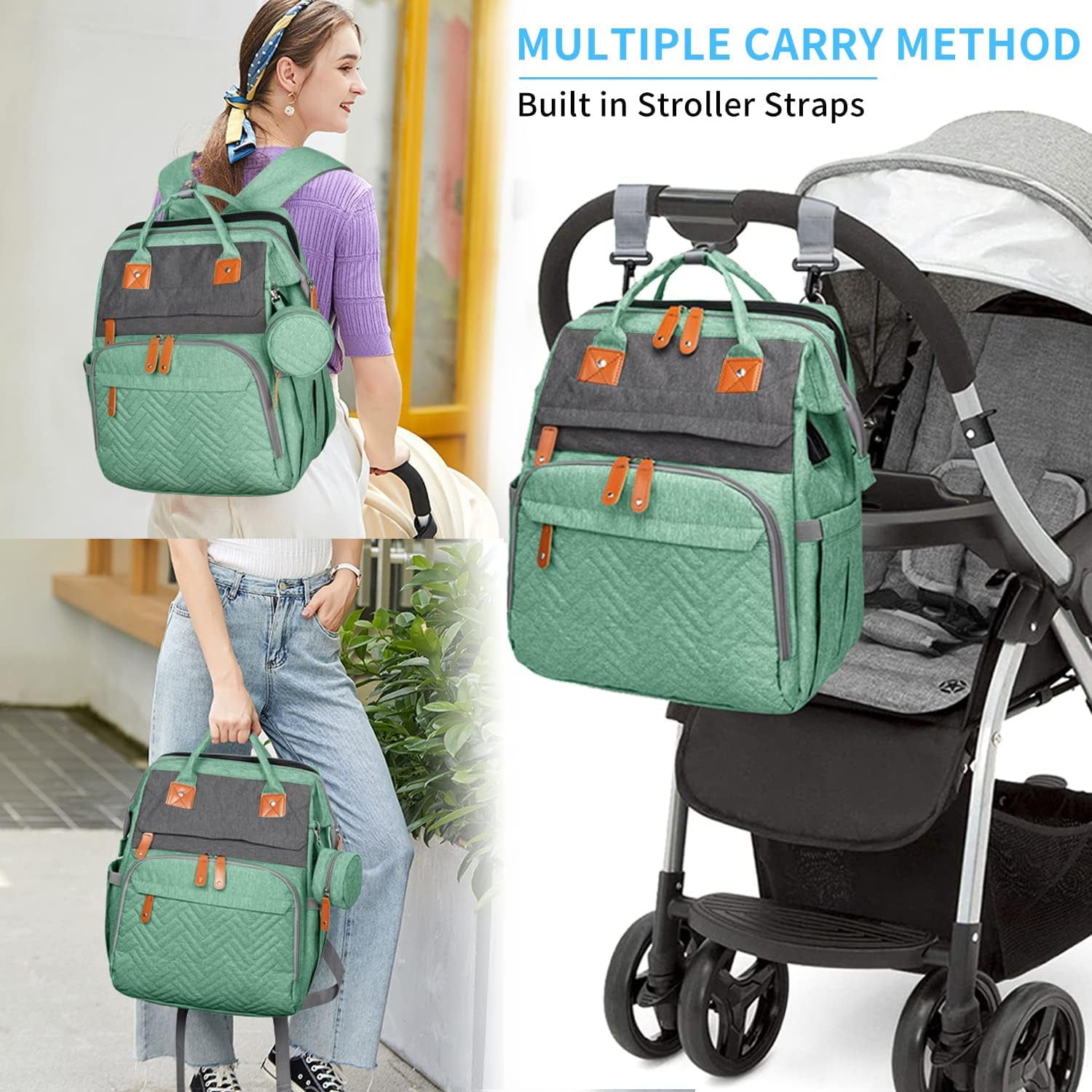 Diaper Bag Backpack, Large Baby Diaper Bags for Boys Girls, Baby Bag with USB Charging Port, Multifunction Waterproof Travel Back Pack for Moms Dads, Green Grey