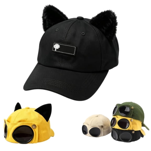 Aviator Style Baseball Cap with Integrated Goggles, Unique Cat Ear Cap for Men and Women
