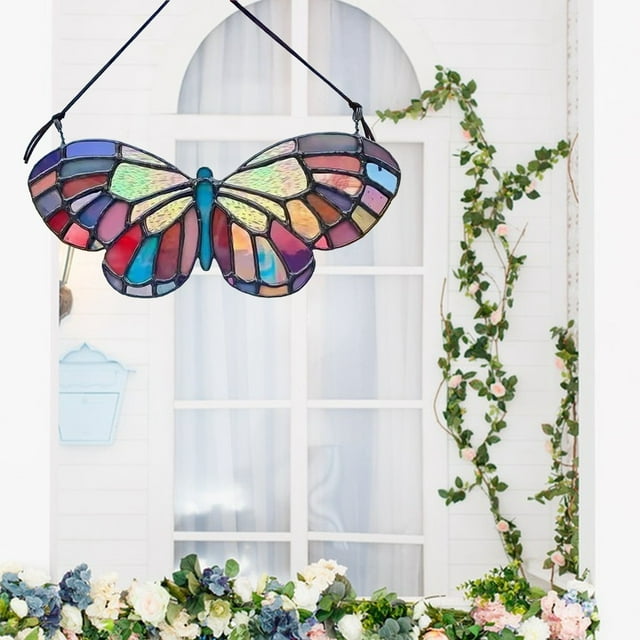 Home Decor Stained Glass Window Hanging Honeycomb Multicolor Butterfly Bee Stained Glass Panels Garden Window Ornament