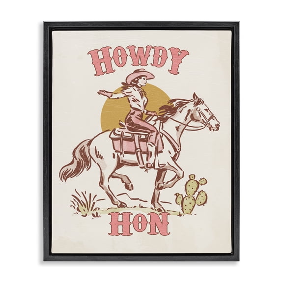 Stupell Industries Howdy Hon Cowgirl Entertainment Painting Black Floater Framed Canvas Art Print Wall Art, 17 x 21