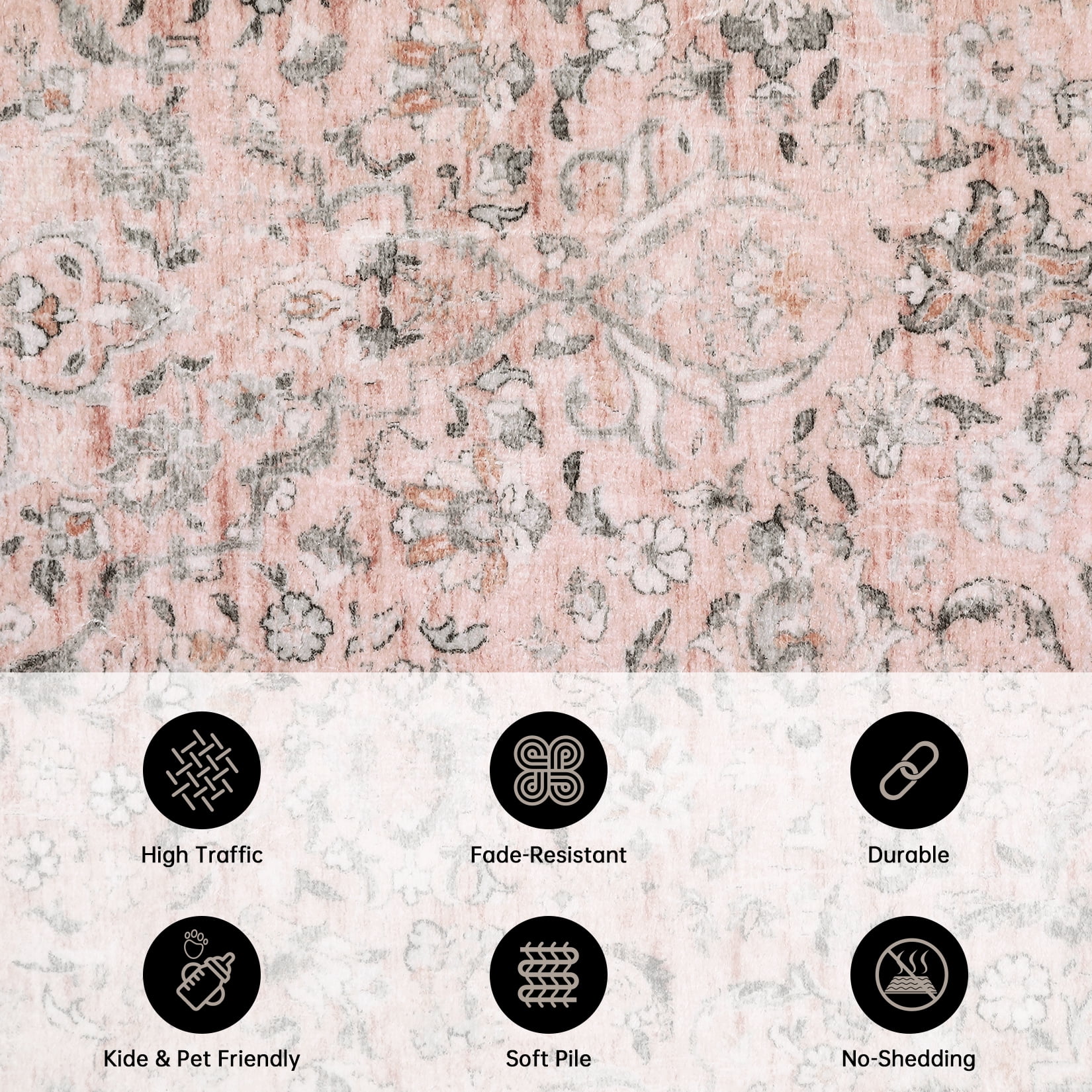 Hasoo 9' x 12' Area Rug for Living Room Boho Vintage Rug Non Slip Throw Rugs Floral Bedroom Rug, Pink
