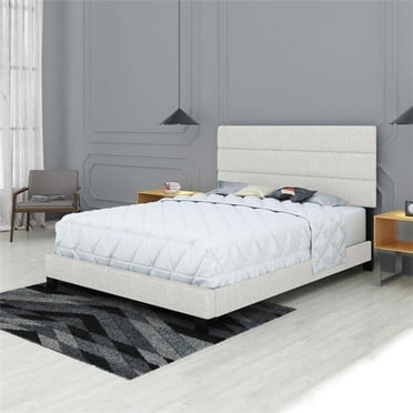 Skyline Decor Upholstered Linen Tri Panel Platform Bed Frame with Headboard, Full, White