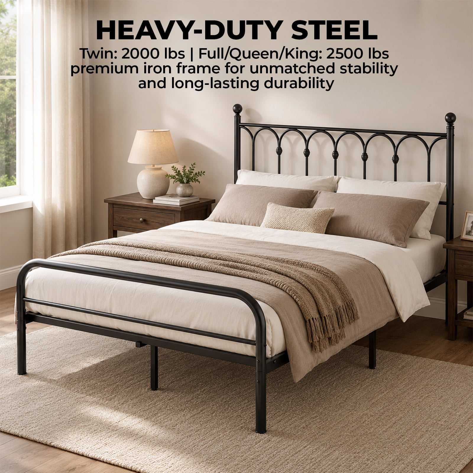 Alvantor Metal Platform Bed Frame, Classic Iron Art Headboard & Footboard, Stable & Noiseless, 11.9 Inch Under Bed Storage, No Box Spring Needed, Easy Assembly, Black