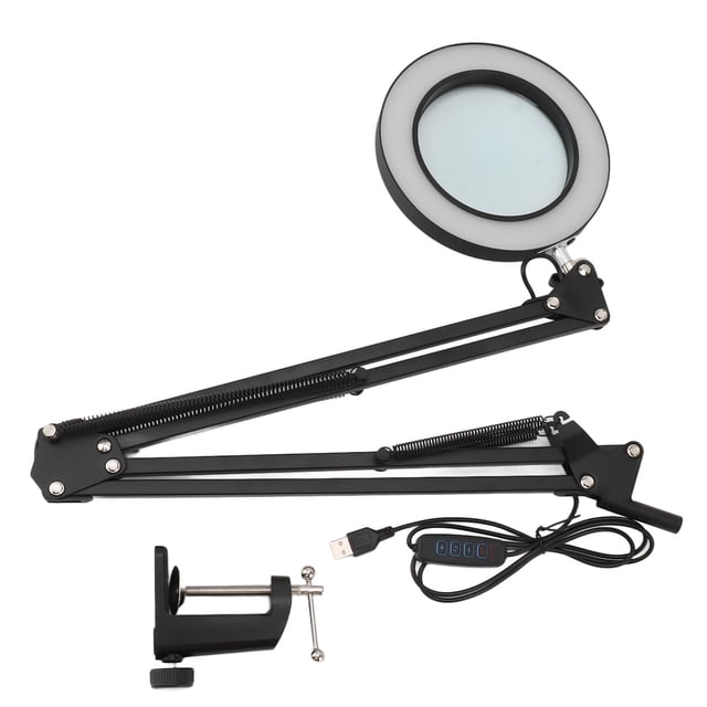 Lupa de 10 aumentos con luz, lámpara de escritorio con abrazadera, 3 modos de color, luz LED regulable sin escalonamiento, color negro