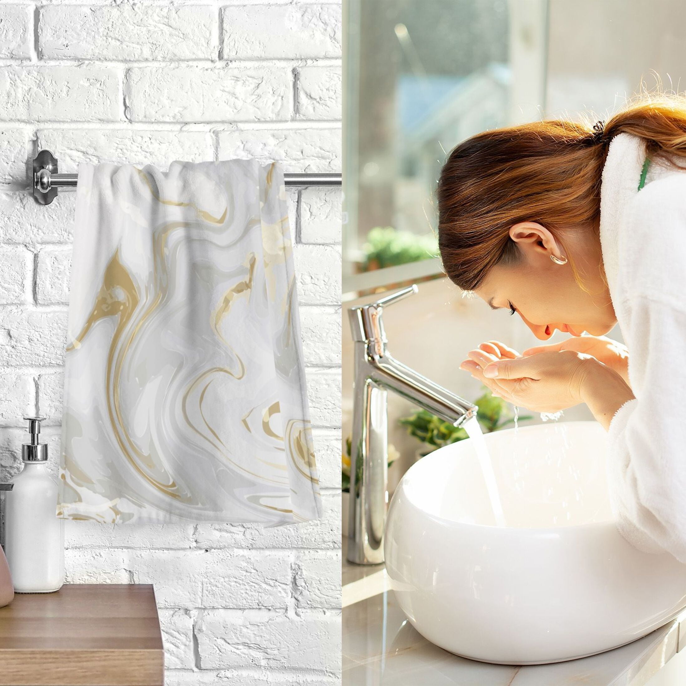 Marble Gold and White Bath Hand Towels 2 Pcs Absorbent Face Towel Soft Breathable Cotton Towel Set for Bathroom Kitchen Hotel Spa Decor