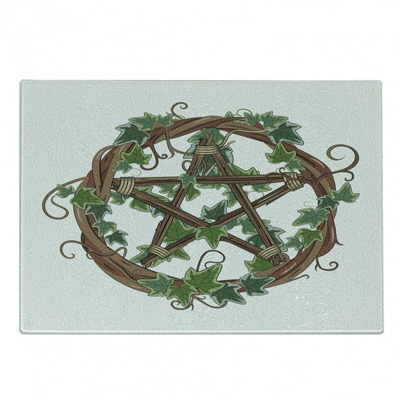 Pentacle Cutting Board, Vine Wreath with Ivy on Intertangled Twigs Forming Pentagram, Decorative Tempered Glass Cutting and Serving Board, Small Size, Olive Green Jade Green, by Ambesonne
