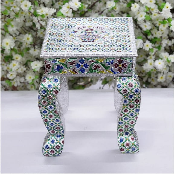 Indian Traditional Bajot Pooja Chowki God Sitting Stool Corner Table Stool Living Room Corner Stool Wooden Bajot Oxidized Chowki Pooja Stool Decorated Pooja Table Home Temple Decor - AtoZ India Cart